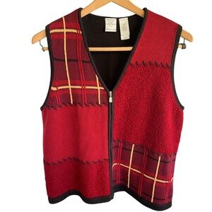 Emma James Red and Black Plaid Zip Up Sweater Vest Women’s Size Medium Patchwork